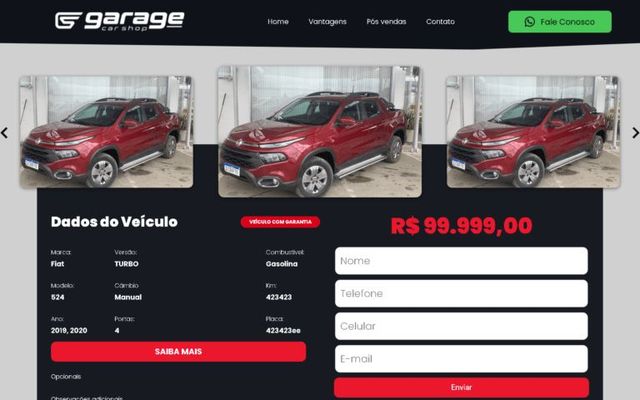 Captura da página inicial de Garage Car Shop